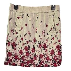 LOFT Womens Linen Blend Floral Mini Skirt Beige Red Elastic Waist Pockets Size S